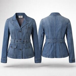 Vintage Ralph Lauren Polo Jeans Co Women Blue Denim Safari Belted Utility Jacket